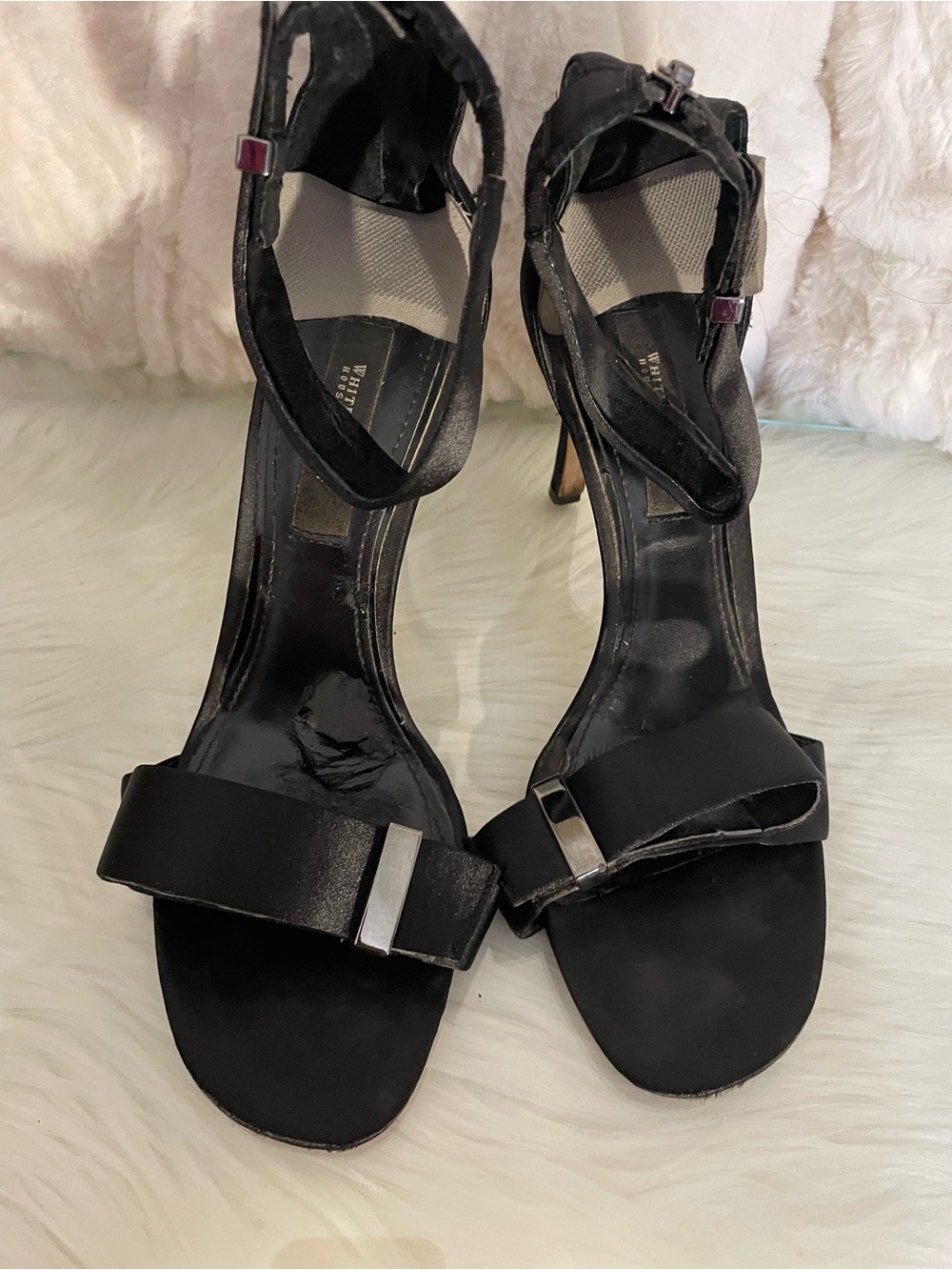 White House Black Market Black Open-Toe Ankle Strap Heels with Metallic Accent